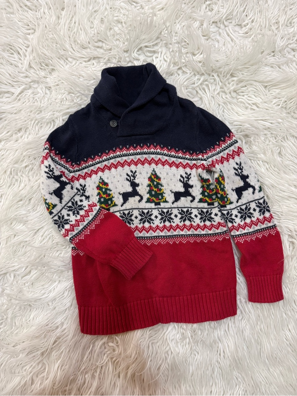 Shawl Collar Holiday Sweater - Red, Navy & White